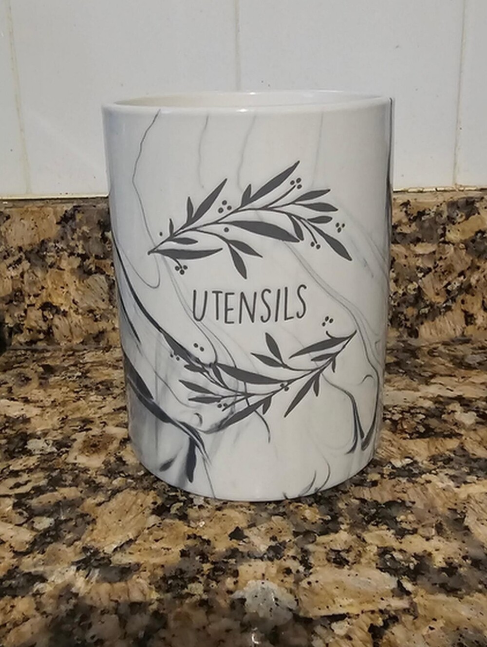 Rae Dunn Marble-Style Utensil Crock in White and Gray
